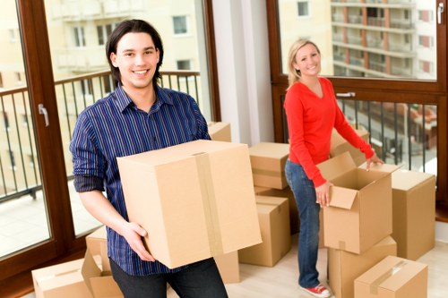 Residential packing services with labeled boxes in Fulham